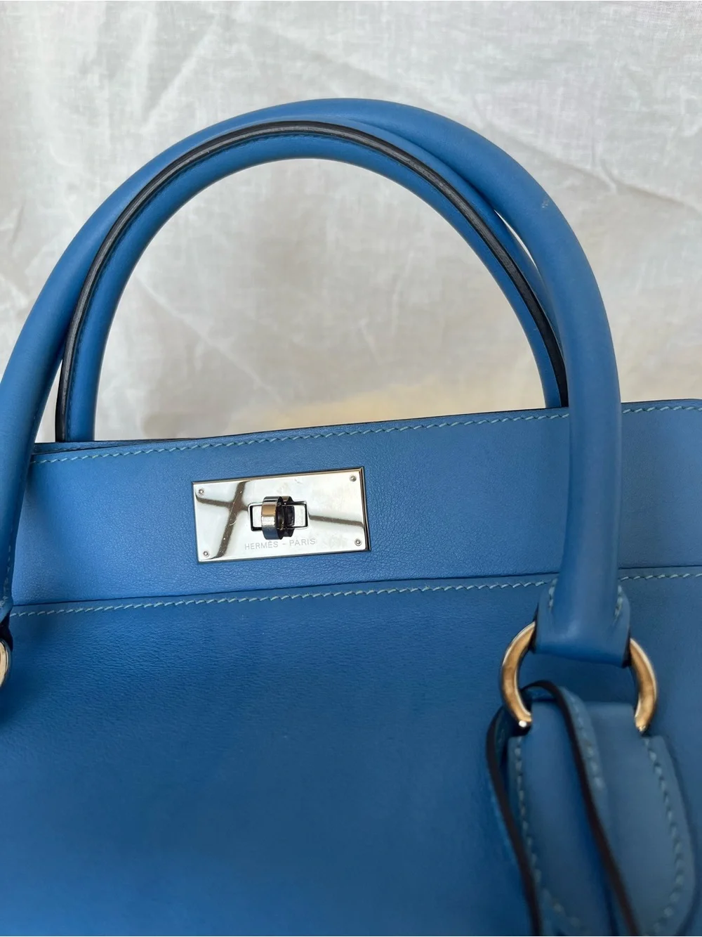 Authentic Hermès Toolbox 26 Blue Swift Leather Palladium Hardware Shoulder Bag